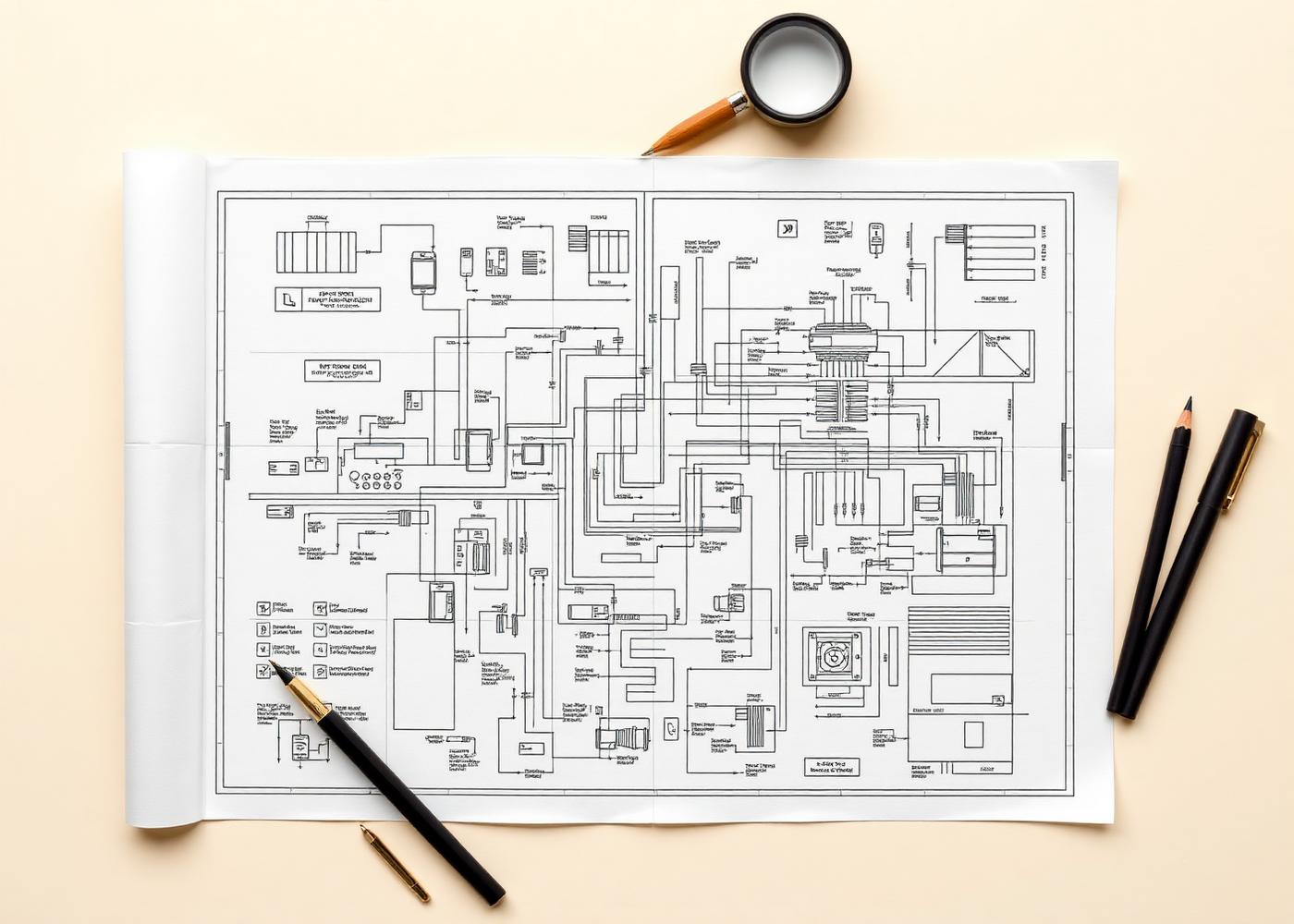 Technical blueprint of a system drawn on grid paper
