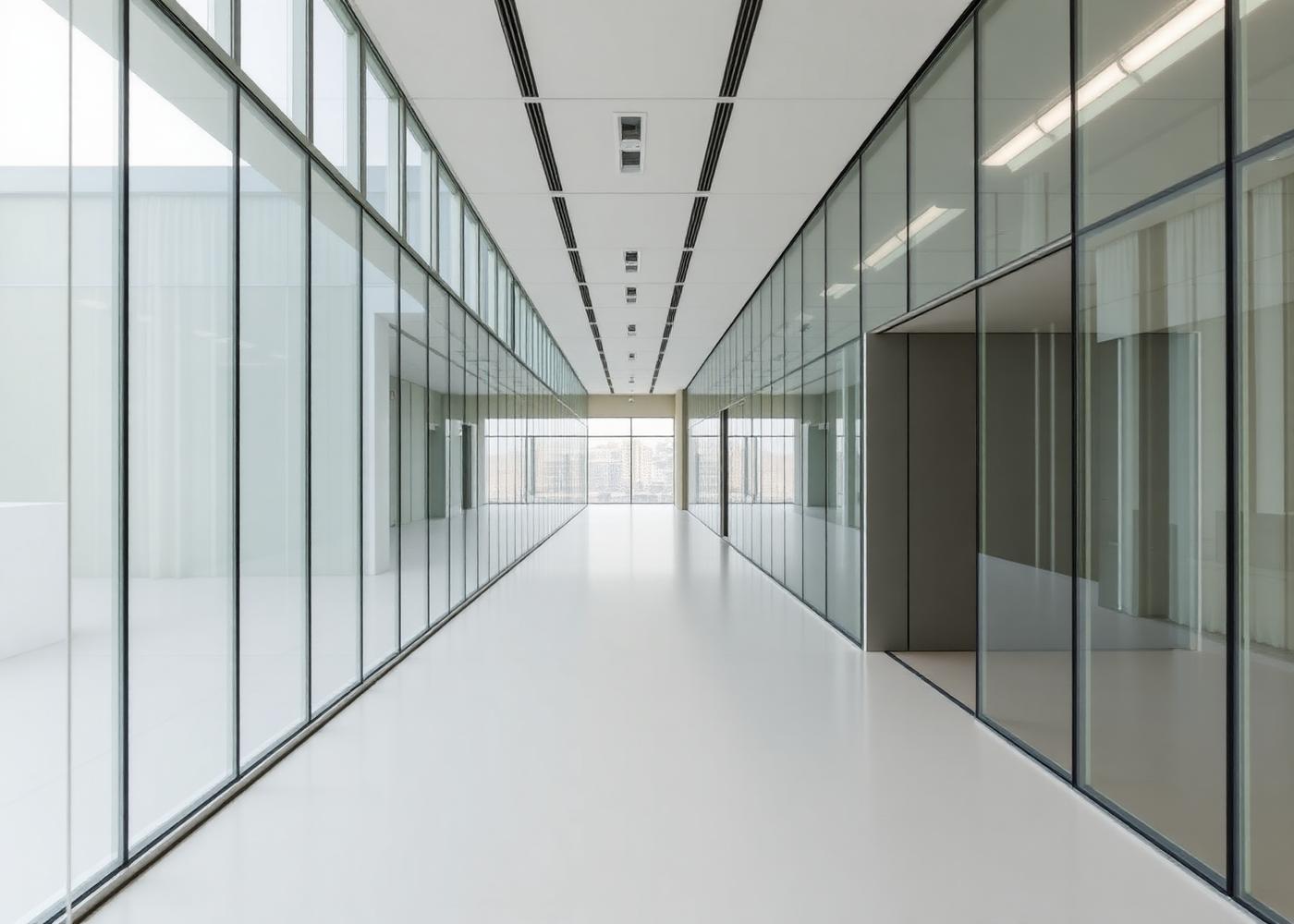 Long, calm office corridor lined with glazed partitions